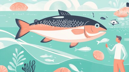 A man observes a large fish swimming in the ocean, surrounded by smaller fish and coral.