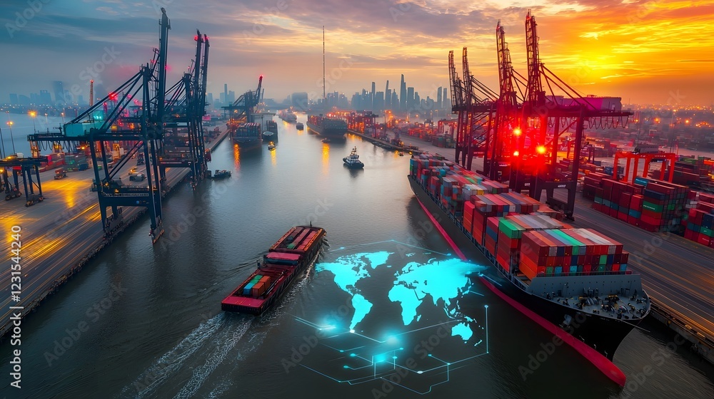 Aufkleber Aerial nighttime view of an advanced automated port with self guided cargo trucks intelligent cranes