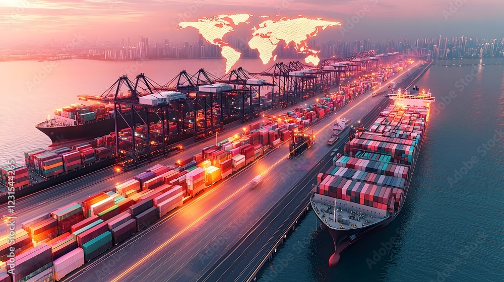 Aufkleber Automated cargo handling systems and AI controlled cranes at a futuristic smart shipping port  A glowing world map shaped logistics network hovers above illustrating real time data flow