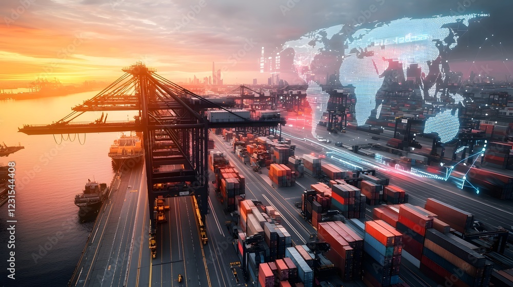 Aufkleber Futuristic cargo terminal with real time digital tracking and smart cranes operating under a cyber network shaped like a world map