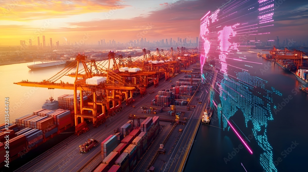 Aufkleber A high tech cargo terminal with real time digital tracking and smart cranes operating under a neon cyber network in the shape of a world map