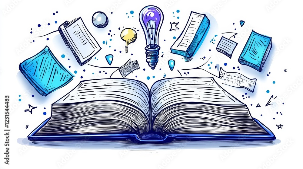 Aufkleber open book with exploding ideas, devices, and knowledge bursting forth