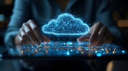Person using a tablet with holographic cloud, digital connections, data storage, technology advancement