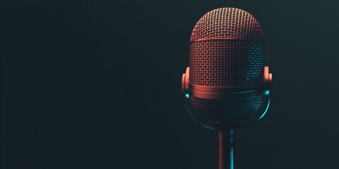 Vintage Microphone in Dim Light: A classic vintage microphone stands poised against a moody, dark teal background, bathed in subtle, warm lighting.