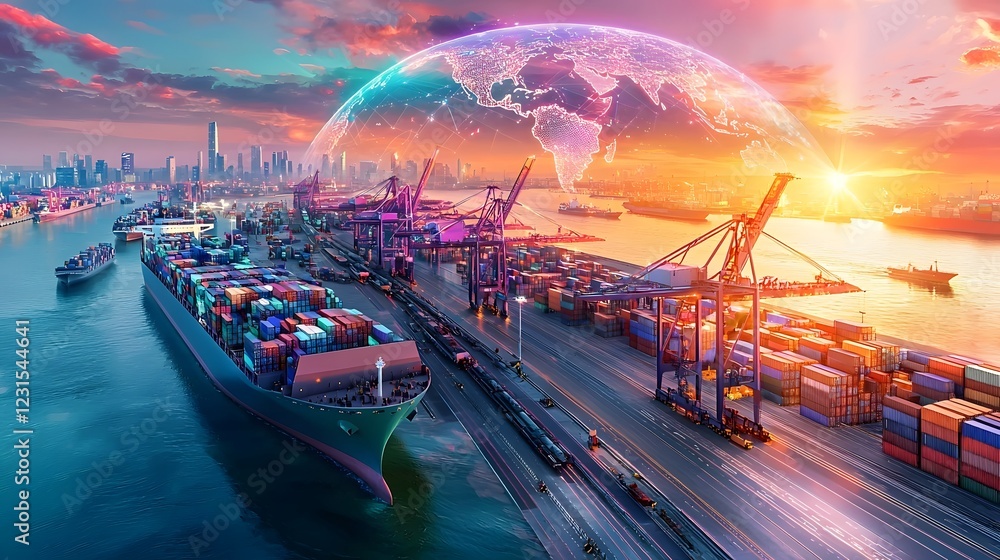 Fototapete Expansive futuristic shipping hub where an intricate world map shaped digital network links all global freight centers