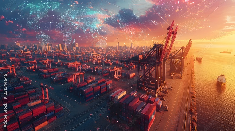 Poster Expansive futuristic shipping hub where an intricate world map shaped digital network links all global freight centers
