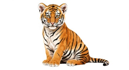 Naklejka premium Majestic tiger sitting gracefully against a white background, showcasing its vibrant fur and piercing eyes