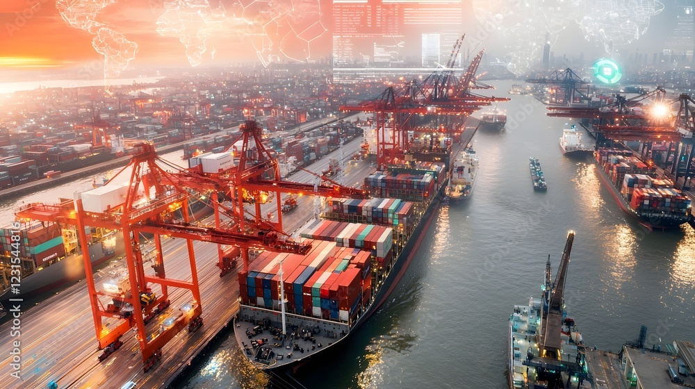 Poster Aerial view of an interconnected smart shipping port with automated cargo handling cranes and global trade route visualization  A holographic world map node network highlights key freight hubs