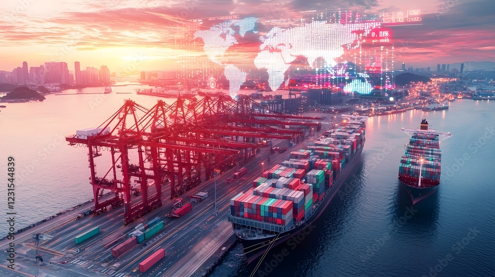Poster Aerial view of an interconnected smart shipping port with automated cranes and global trade route visualization  A holographic world map node network highlights key freight hubs