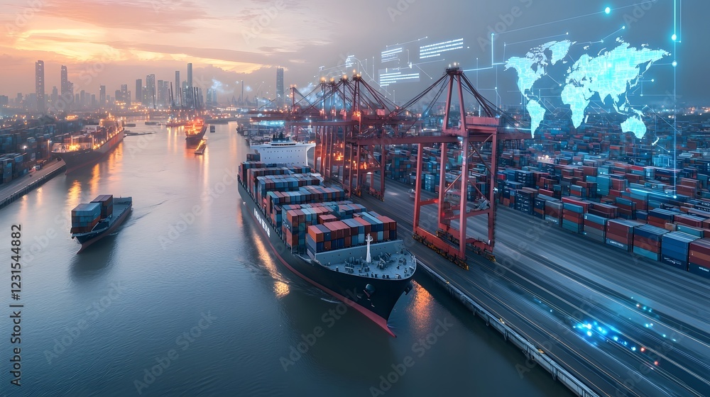 Fototapete Aerial view of an interconnected smart shipping port with automated cranes and global trade route visualization  A holographic world map node network highlights key freight hubs