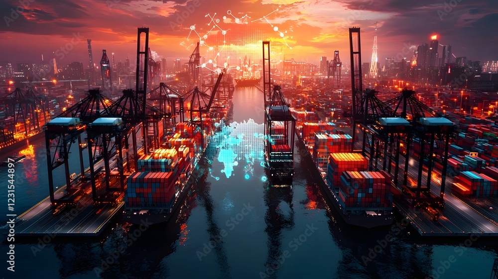Poster Futuristic aerial view of an interconnected smart shipping port with automated cranes global trade route visualization and a massive metropolis with neon lit high rise towers in the background