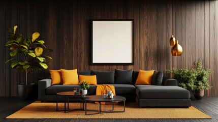 Modern Living Room with Cozy Sofa, Decorative Pillows, Indoor Plants, and Wooden Wall Paneling