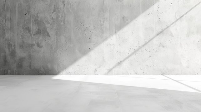 Industrial modern light grey concrete wall background with white stone floors, sun light coming from the side reflecting on wall. Mock up, empty room with copy space for text