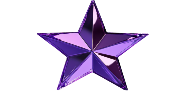 Purple metallic star shining on transparent background