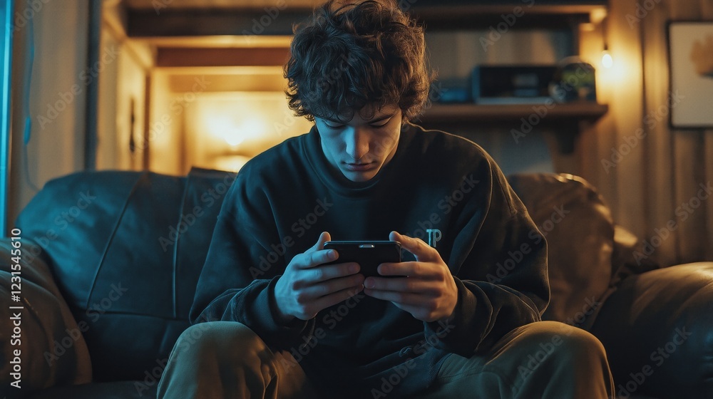 Poster a young man focuses intently on his mobile device as he sits comfortably on a dark couch, surrounded