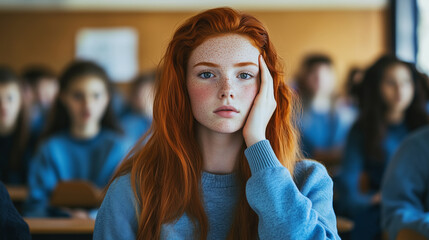Stressed Red-Haired Female Student in Classroom Struggling with Academic Pressure