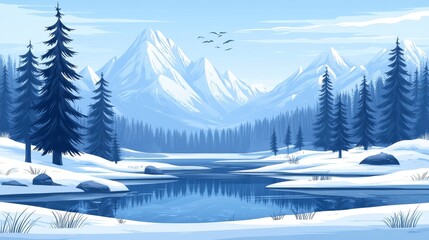 Fototapeta premium Serene Winter Landscape Snow-Covered Pines Reflecting in a Frozen Lake