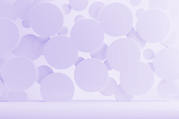 Light violet abstract stage mockup - flying plastic circles on soft shining background. Template 3D illustration gentle geometric scene for presentation cosmetic, goods, advertising, design, display.