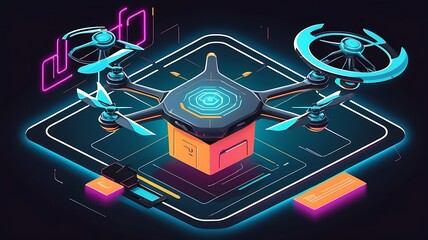 AI-driven drone delivery system, futuristic logistics, neon vector illustration