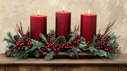 Red candles, holiday centerpiece, mantelpiece, textured wall, festive decor