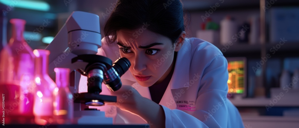 Poster scientist examining samples under a microscope in laboratory with colorful liquids, conducting resea