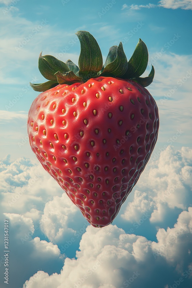 Poster a strawberry is floating in the sky above a cloudy backdrop. concept of whimsy and playfulness, as t