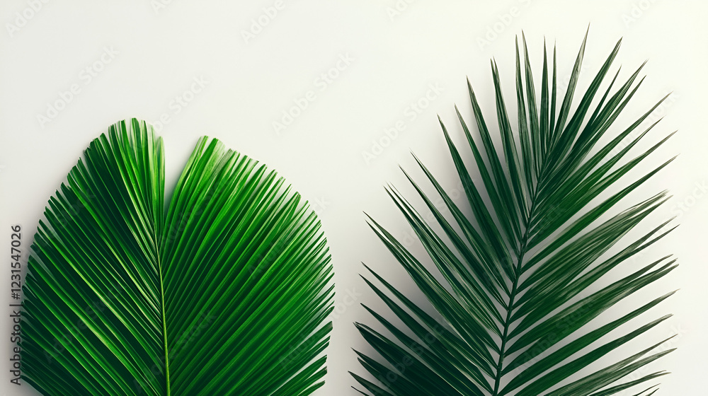 Poster tropical leaf composition: lush green palm leaves, showcasing vibrant textures and contrasting shape