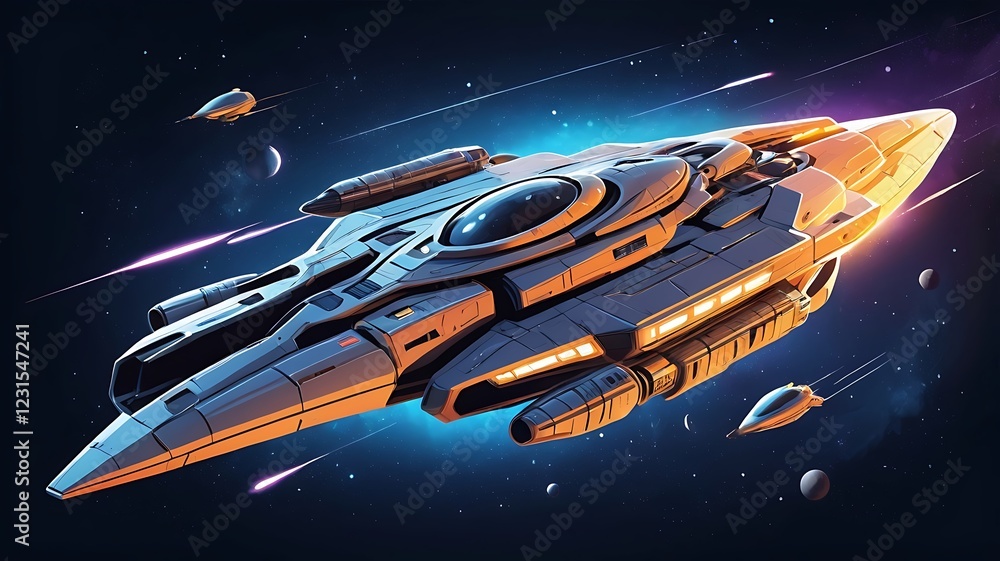 Poster space travel and ai-powered spaceship, interstellar futuristic tech vector