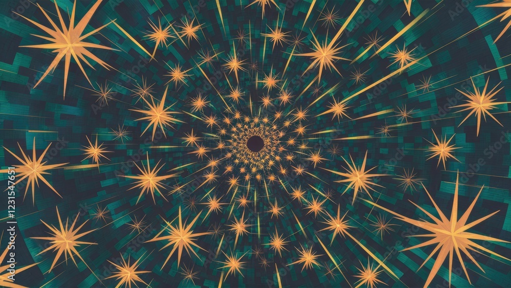Leinwandbilder vibrant swirling pattern featuring golden starbursts on a dark teal background creating a dynamic an
