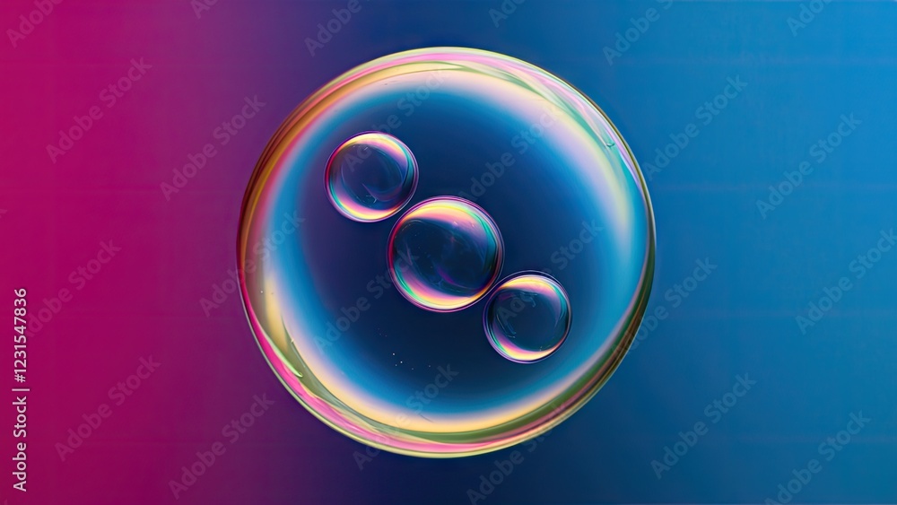 Fototapete Vibrant macro bubble photography featuring a central large bubble with three smaller bubbles above on a gradient blue and purple background