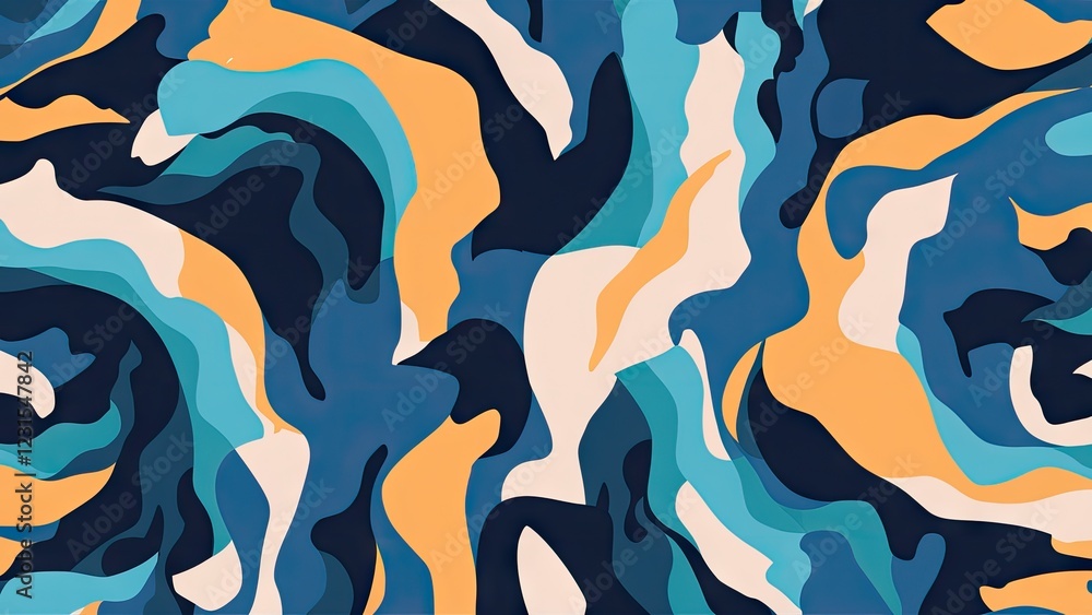 Poster abstract textured pattern with swirling shapes in blue, teal, cream, and orange tones, creating a dy