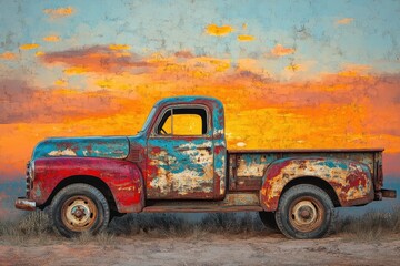Rustic vintage pickup truck, weathered paint, sunset backdrop, desert scene.