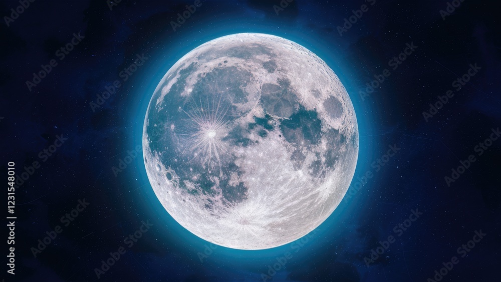 Poster full moon with luminous glow on dark night sky, showcasing detailed lunar surface features in high c
