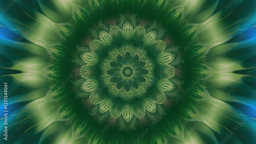 Poster Vibrant abstract pattern featuring a central green floral design surrounded by soft blue tones with blurred edges creating a serene atmosphere.