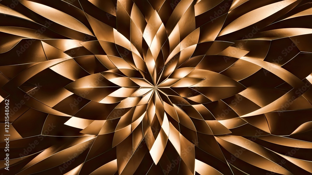 Poster layers of abstract metallic patterns in rich golden and bronze hues creating a dynamic texture with 