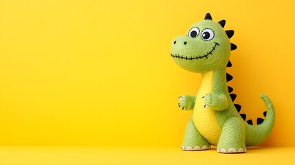 Fototapeta premium Happy Green Felt Dinosaur Toy Against Yellow Background