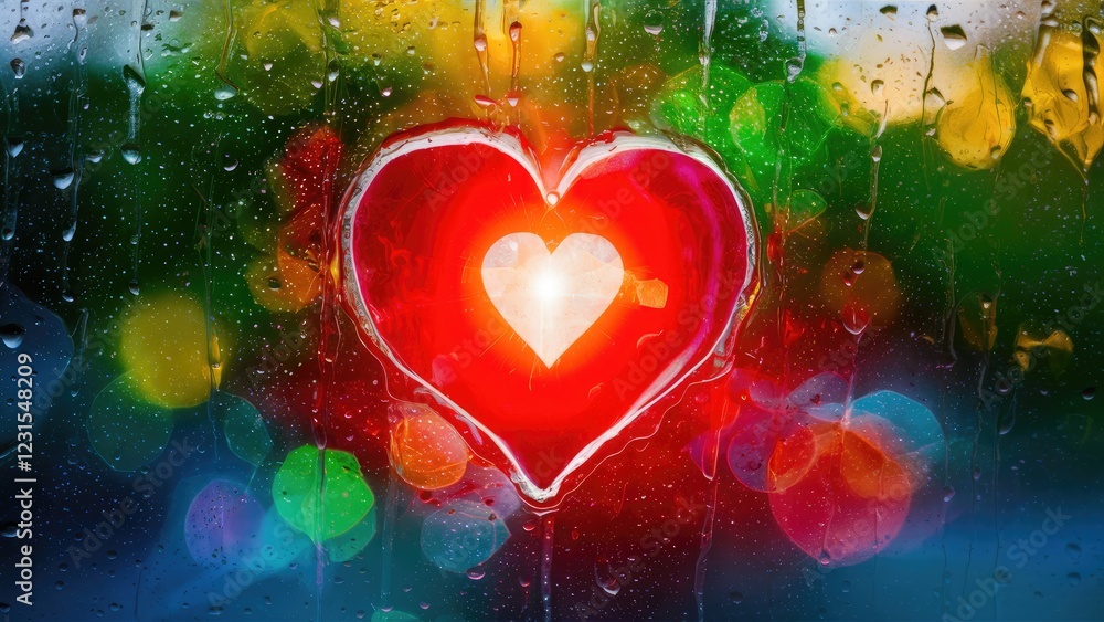 Aufkleber vivid heart shape illuminated through raindrop-covered glass with colorful bokeh lights in varying s