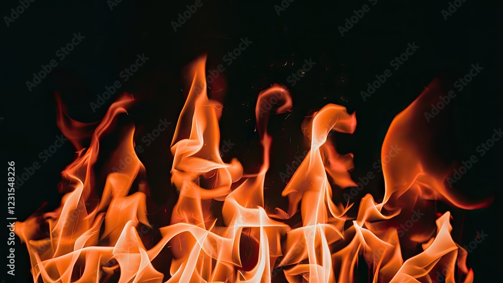Poster vivid orange and yellow flames dancing upwards against a deep black background creating a striking c