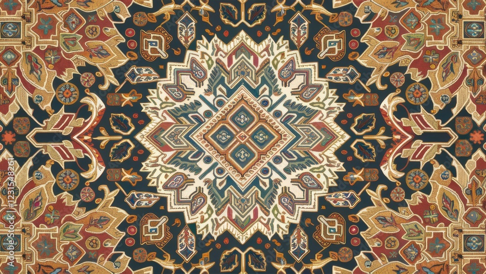 Poster Intricate ethnic patterned rug in warm colors of gold and red on a darker background with floral design elements and geometric shapes centered.
