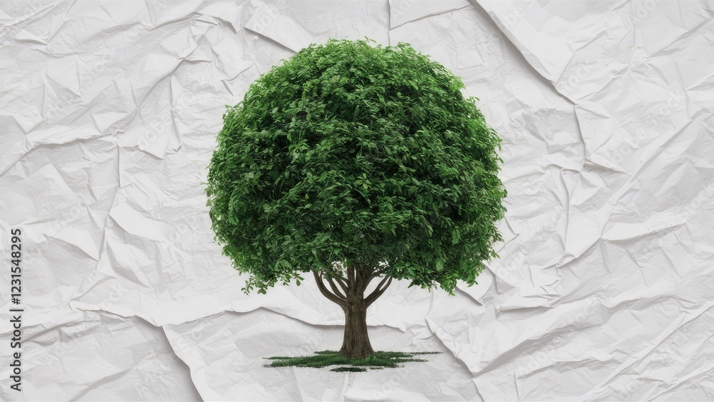 Aufkleber green leafy tree centered on crumpled white paper background with natural textures symbolizing growt