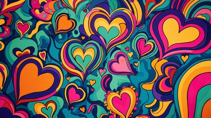 A psychedelic neon backdrop with swirling rainbow colored hearts and trippy patterns, bold contrasts, surreal feel