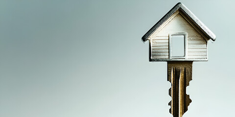 Key to New Home: A small house shaped key offers a symbolic representation of homeownership, real estate, and new beginnings.  The image is clean and minimalist.