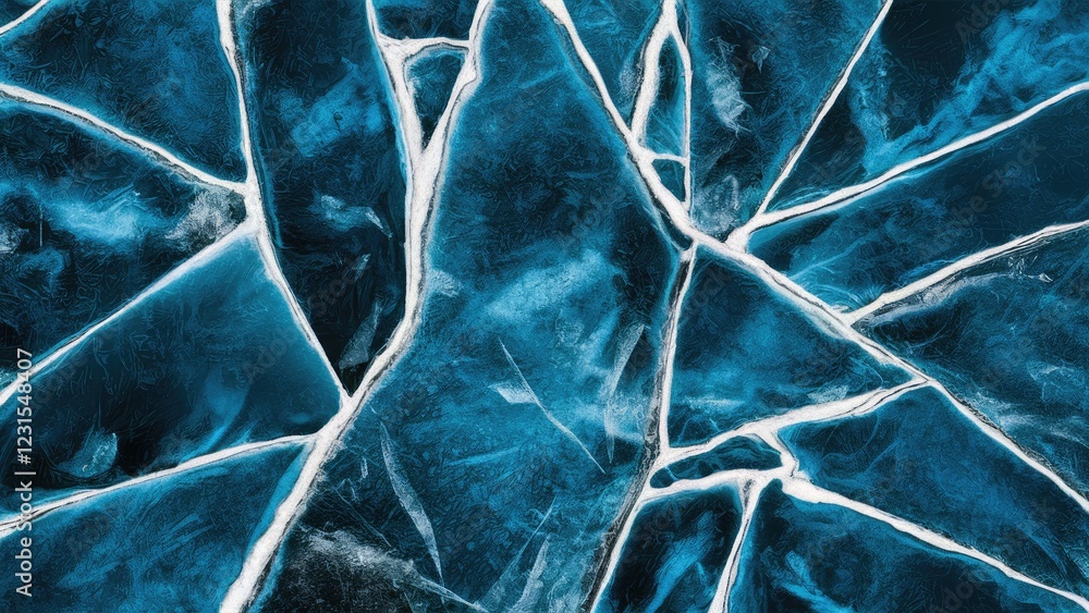Aufkleber Frozen ice texture in shades of deep blue with jagged fractures and smooth surface, creating an abstract background with a cold winter feeling.