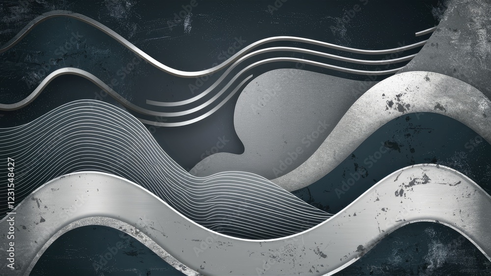 Poster abstract wave design featuring curved silver lines on a dark textured background. the composition in