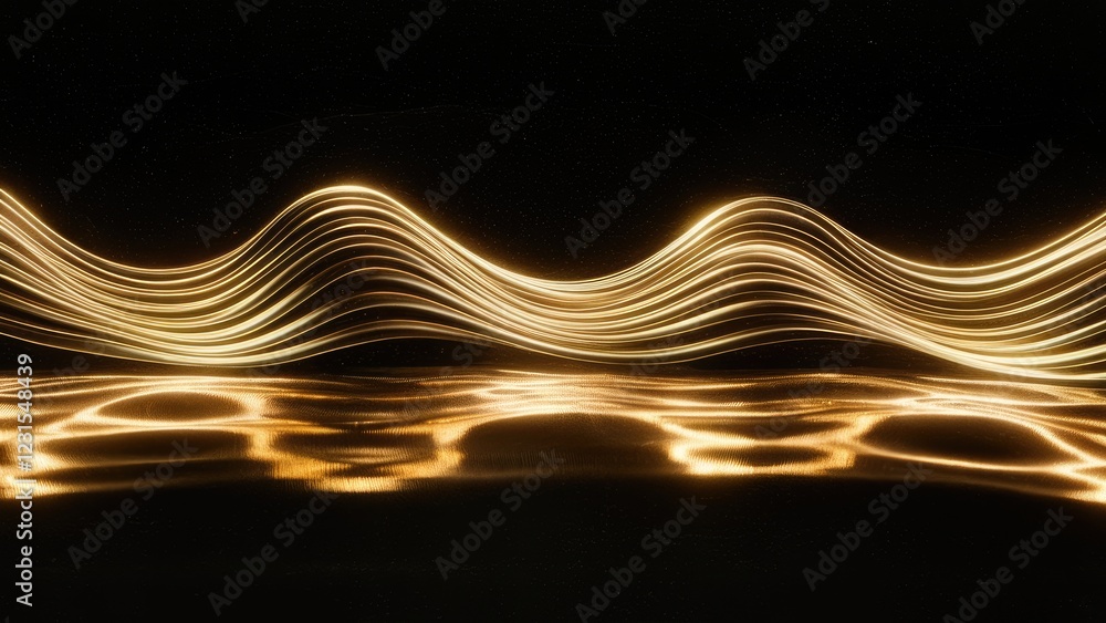Fototapete abstract glowing wave line in gold and bronze hues against a black background with mirrored light re