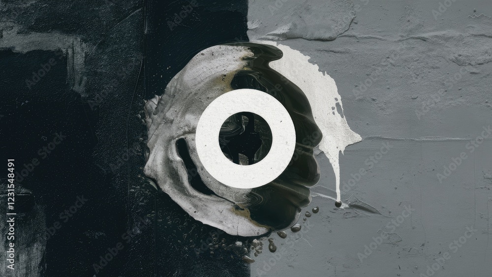 Fototapete abstract art composition featuring a central white circular element against a textured grey and blac