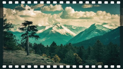 Fototapeta premium Scenic vintage mountain landscape featuring solitary trees in foreground with dramatic clouds above and lush greenery in a film style frame