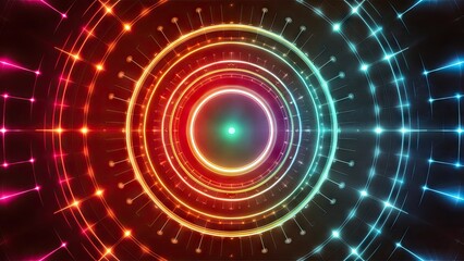 Fototapeta premium Abstract design with concentric circles in vibrant red, blue and green light against a dark background, creating a vivid visual depth and energy.