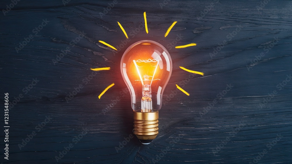 Poster light bulb with glowing filament on dark wood background radiating yellow light rays symbolizing inn