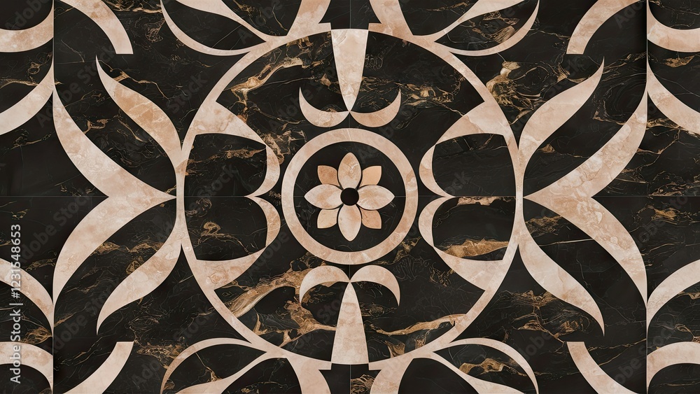 Poster elegant black and beige marble mosaic design featuring intricate floral and geometric patterns cente